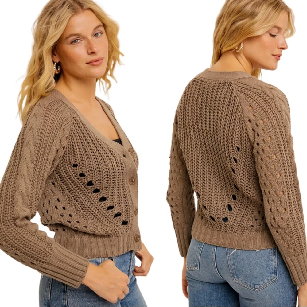 NWT Hem & Thread Pointelle V-Neck Button Down Cropped Cardigan - Picture 3 of 17